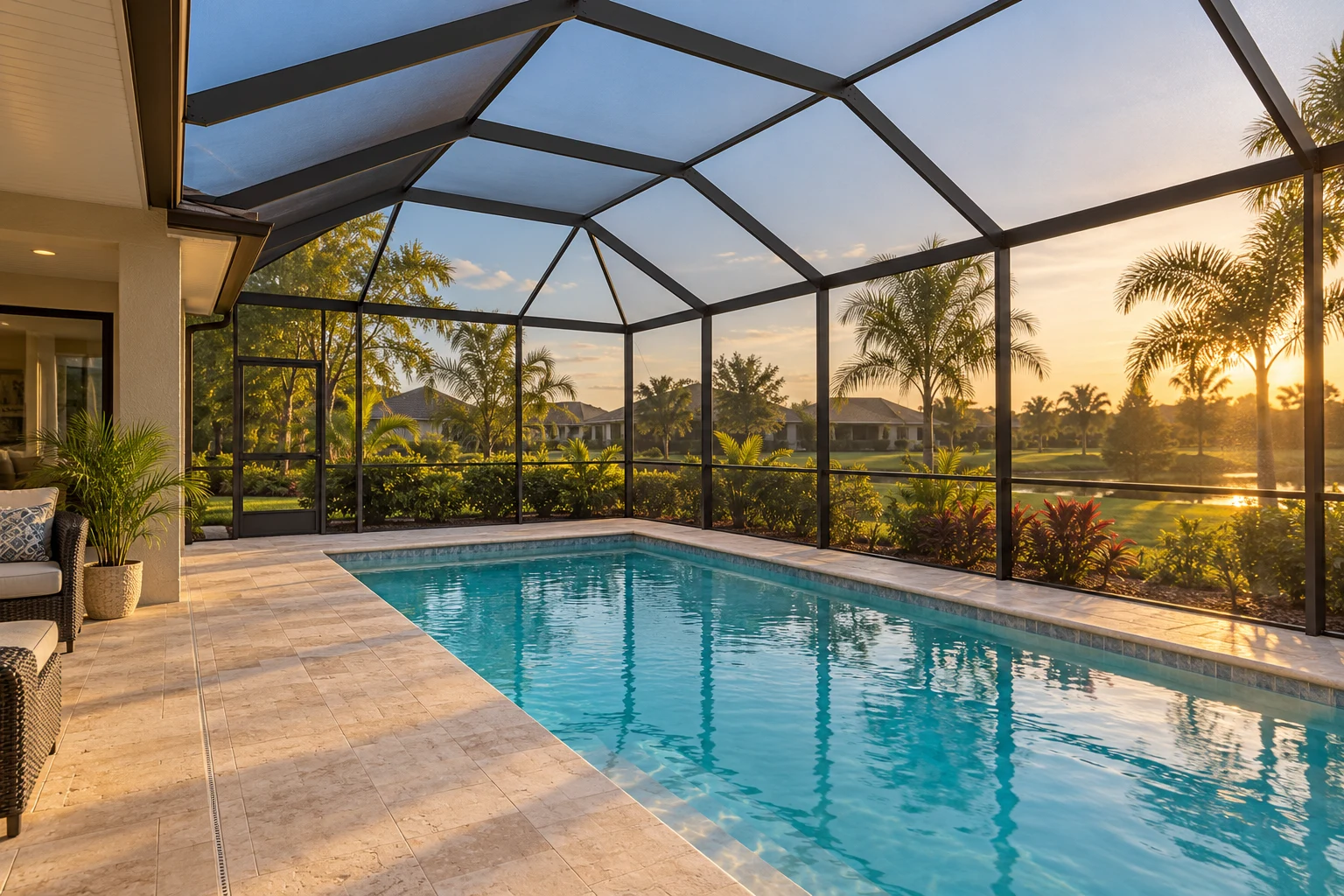 Illustrative bronze screened pool enclosure with a pitched roof and a clear view of the yard